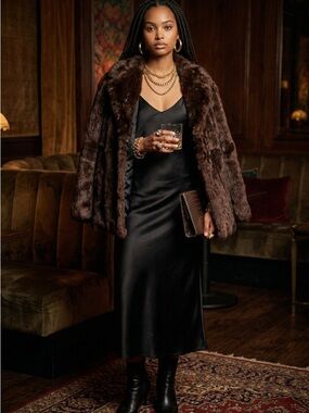 VINTAGE 80s Brown Rabbit Fur Mob Wife Coat Size large